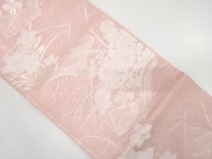 未使用品　紗　地紙に菊・桔梗模様織り出し袋帯(未仕立て)